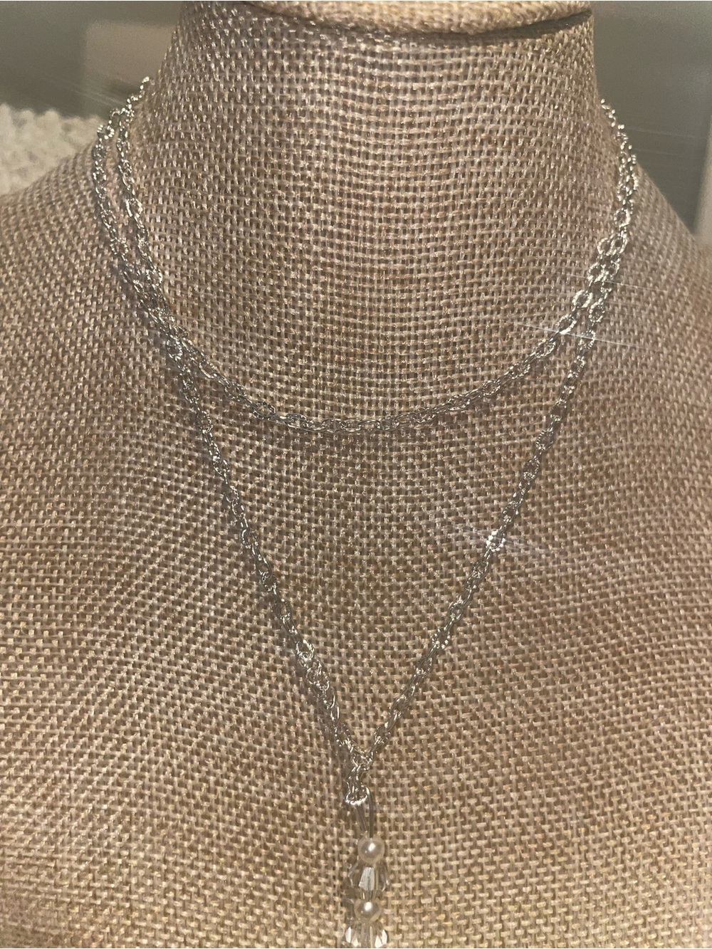 Sterling Silver Layered Chain Necklace with Pearl Charm